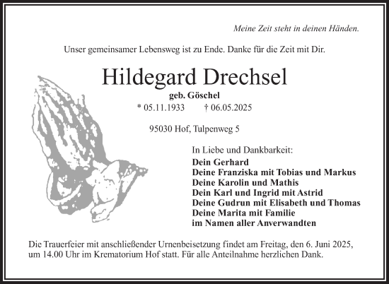 Traueranzeige von Hildegard Drechsel von Frankenpost