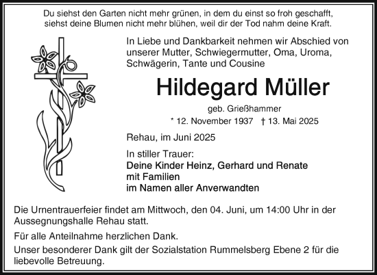 Traueranzeige von Hildegard Müller von Frankenpost