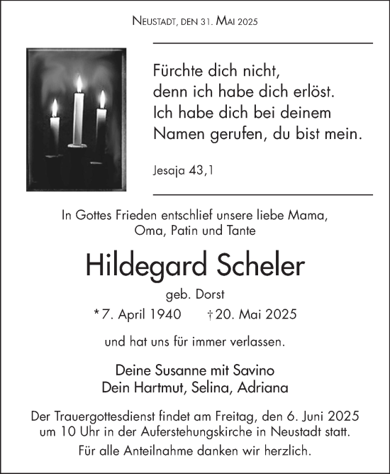 Traueranzeige von Hildegard Scheler von Neue Presse Coburg