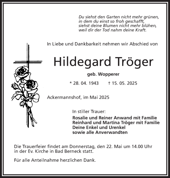 Traueranzeige von Hildgard Tröger von Frankenpost
