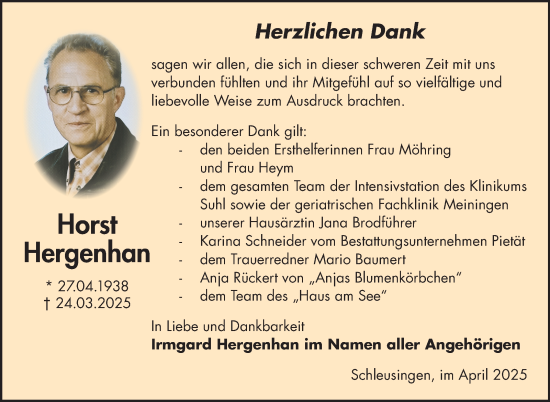 Traueranzeige von Horst Hergenhan von Südthüringer Presse