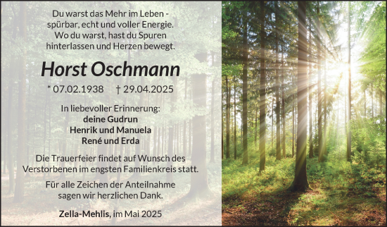 Traueranzeige von Horst Oschmann von Südthüringer Presse