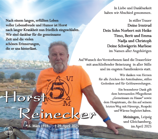 Traueranzeige von Horst Reinecker von Südthüringer Presse