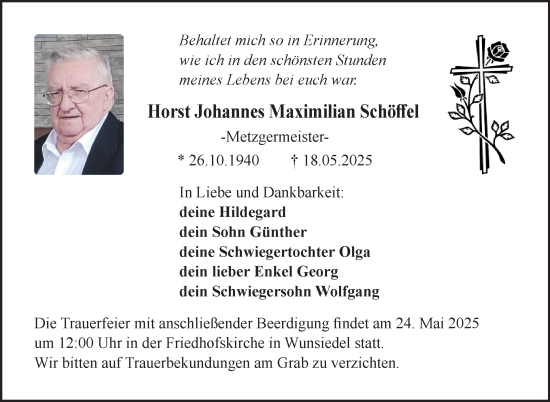 Traueranzeige von Horst Johannes Maximilian Schöffel von Frankenpost