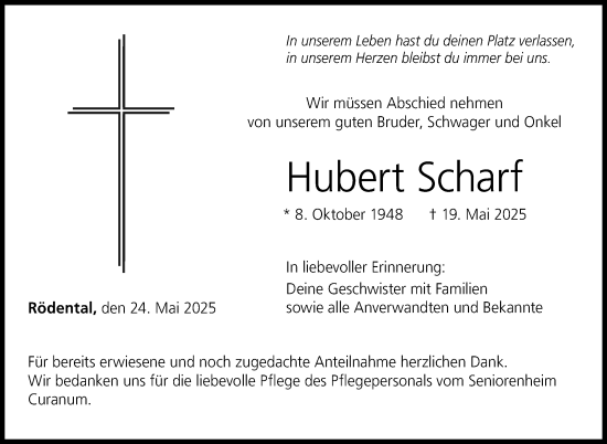 Traueranzeige von Hubert Scharf von Neue Presse Coburg