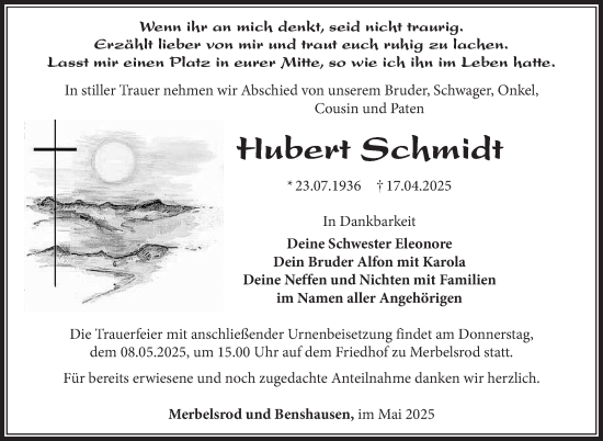 Traueranzeige von Hubert Schmidt von Südthüringer Presse