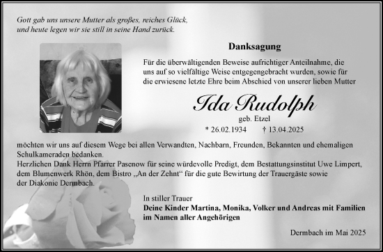 Traueranzeige von Ida Rudolph von Südthüringer Presse