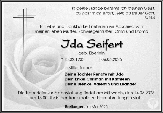 Traueranzeige von Ida Seifert von Südthüringer Presse