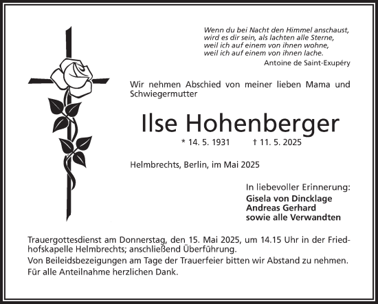 Traueranzeige von Ilse Hohenberger von Frankenpost