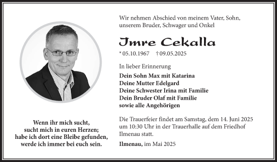 Traueranzeige von Imre Cekalla von Südthüringer Presse