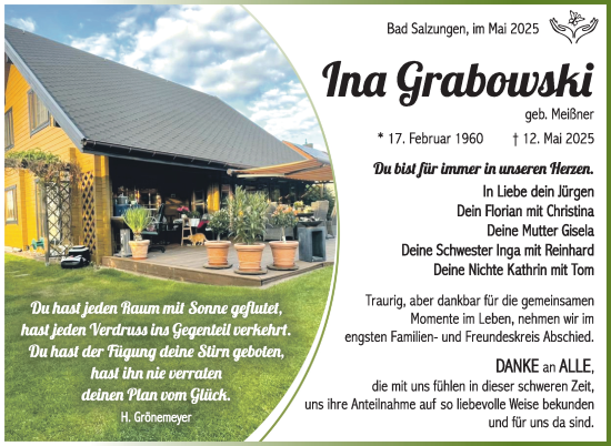 Traueranzeige von Ina Grabowski von Südthüringer Presse
