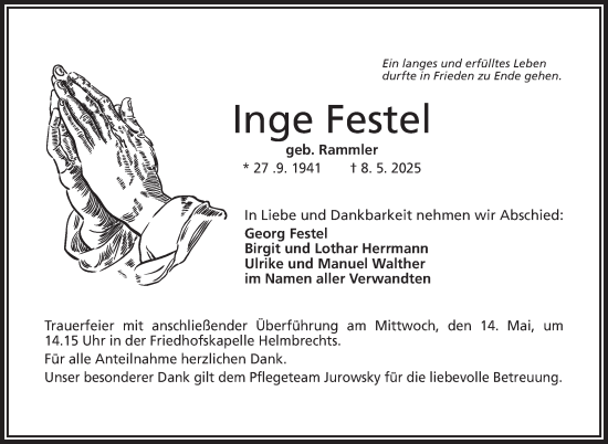 Traueranzeige von Inge Festel von Frankenpost