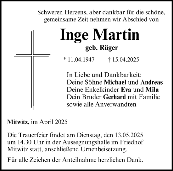 Traueranzeige von Inge Martin von Neue Presse Coburg
