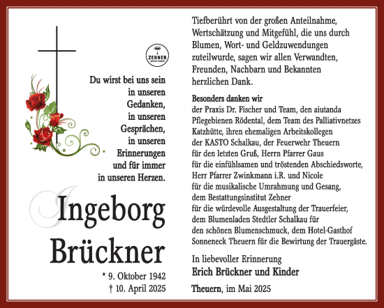 Traueranzeige von Ingeborg Brückner von Südthüringer Presse