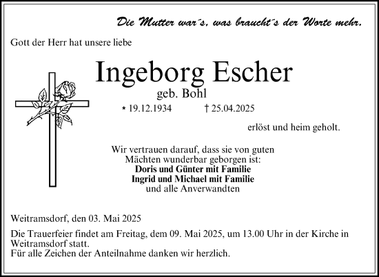 Traueranzeige von Ingeborg Escher von Neue Presse Coburg