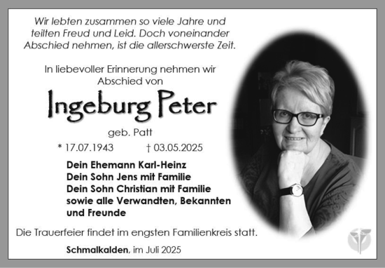 Traueranzeige von Ingeburg Peter von Südthüringer Presse