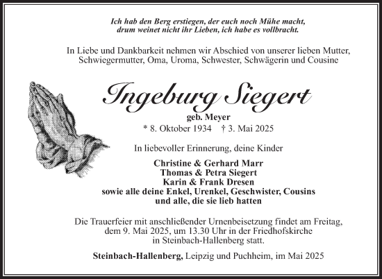 Traueranzeige von Ingeburg Siegert von Südthüringer Presse