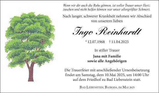 Traueranzeige von Ingo Reinhardt von Südthüringer Presse