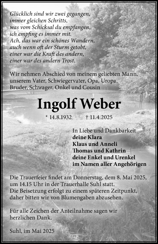 Traueranzeige von Ingolf Weber von Südthüringer Presse