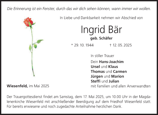 Traueranzeige von Ingrid Bär von Neue Presse Coburg