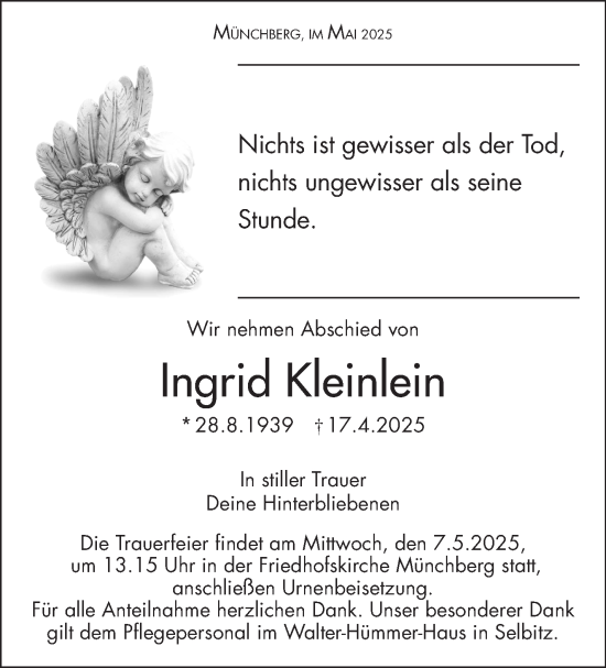 Traueranzeige von Ingrid Kleinlein von Frankenpost