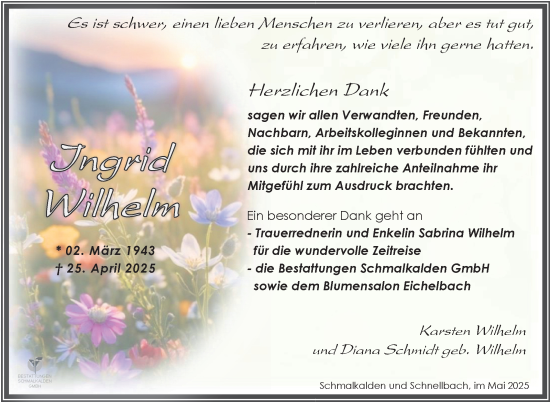 Traueranzeige von Ingrid Wilhelm von Südthüringer Presse