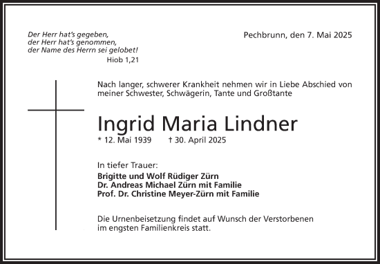 Traueranzeige von Ingrid Maria Lindner von Frankenpost
