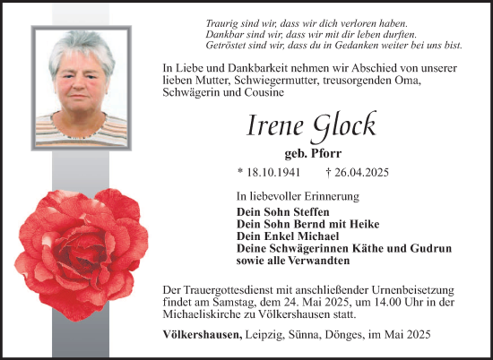 Traueranzeige von Irene Glock von Südthüringer Presse
