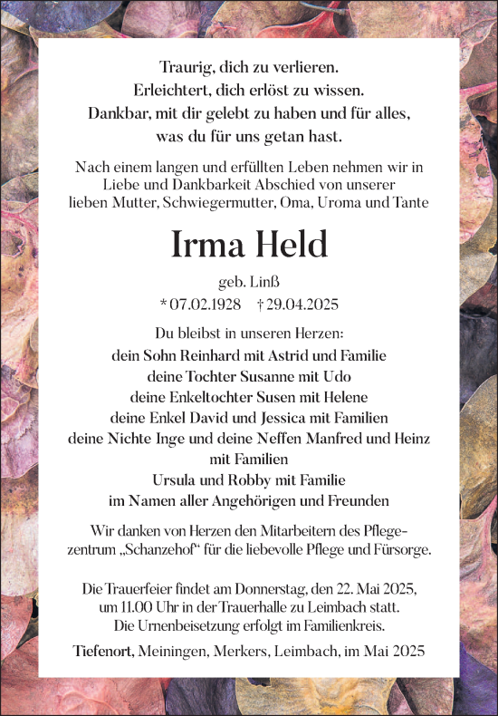 Traueranzeige von Irma Held von Südthüringer Presse