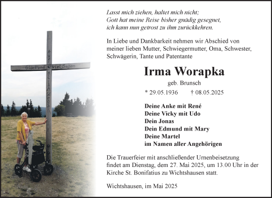 Traueranzeige von Irma Worapka von Südthüringer Presse