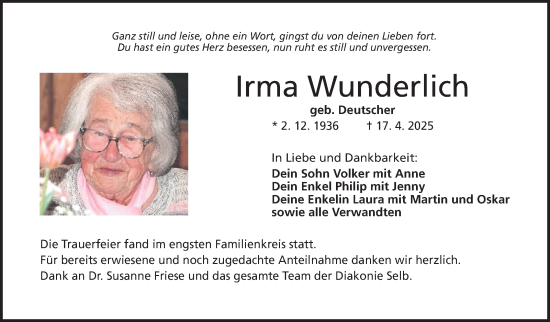 Traueranzeige von Irma Wunderlich von Frankenpost