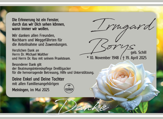 Traueranzeige von Irmgard Borys von Südthüringer Presse