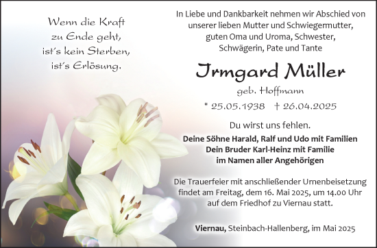 Traueranzeige von Irmgard Müller von Südthüringer Presse