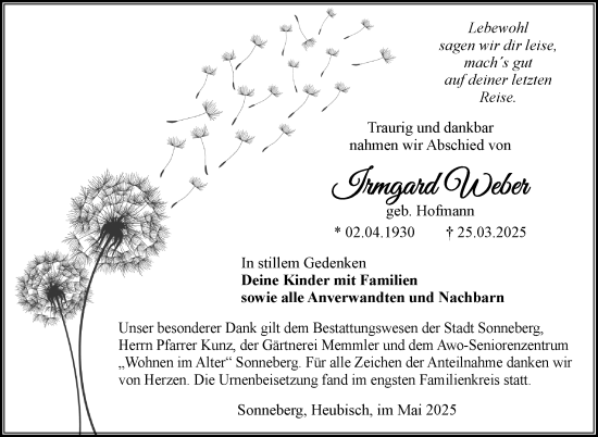 Traueranzeige von Irmgard Weber von Südthüringer Presse