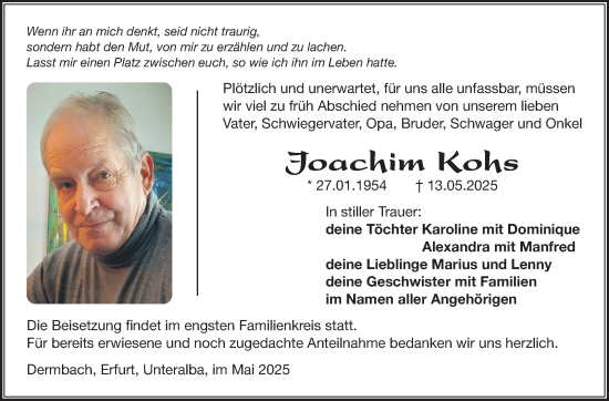Traueranzeige von Joachim Kohs von Südthüringer Presse