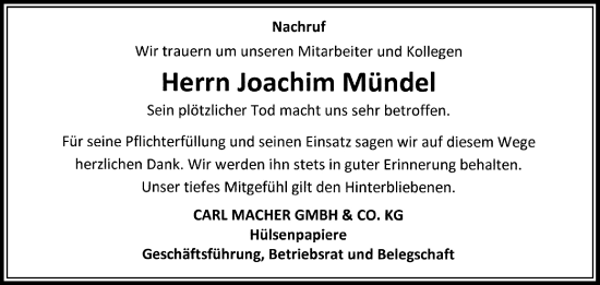 Traueranzeige von Joachim Mündel von Frankenpost