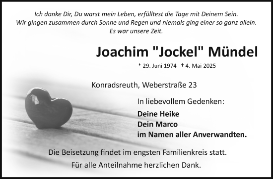 Traueranzeige von Joachim Mündel von Frankenpost