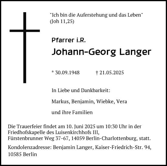 Traueranzeige von Johann-Georg Langer von Neue Presse Coburg