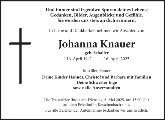 Traueranzeige von Johanna Knauer von Neue Presse Coburg