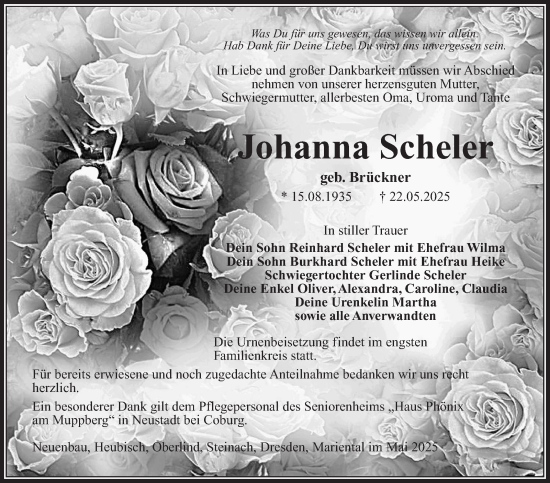 Traueranzeige von Johanna Scheler von Südthüringer Presse