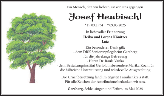 Traueranzeige von Josef Heubischl von Südthüringer Presse