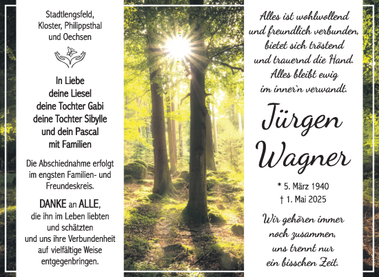 Traueranzeige von Jürgen Wagner von Südthüringer Presse