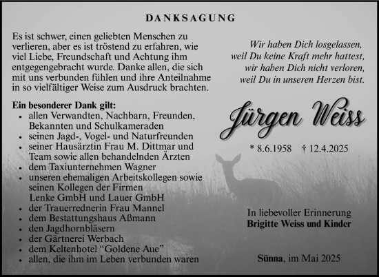 Traueranzeige von Jürgen Weiss von Südthüringer Presse