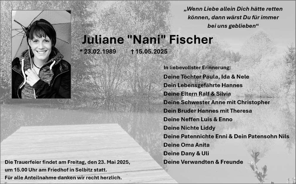  Traueranzeige für Juliane Fischer vom 21.05.2025 aus Frankenpost