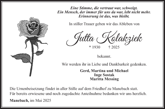 Traueranzeige von Jutta Kolakziek von Südthüringer Presse