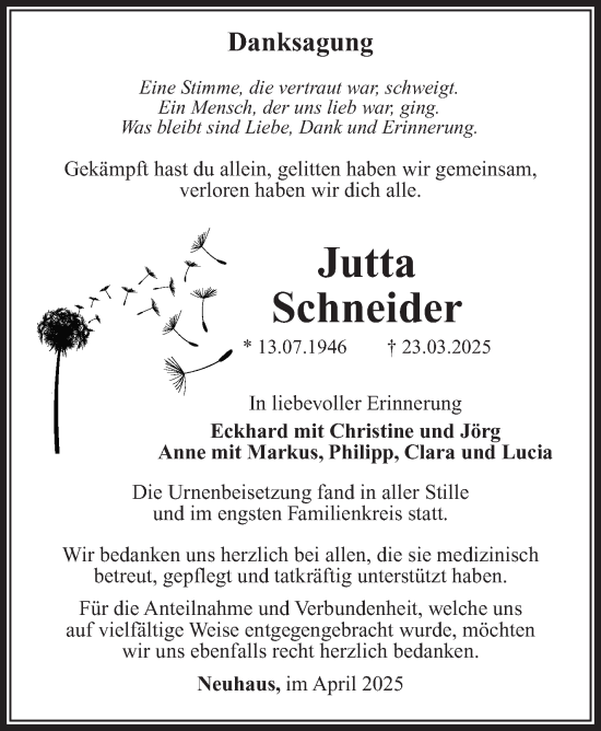 Traueranzeige von Jutta Schneider von Südthüringer Presse