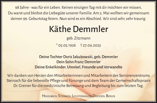 Traueranzeige von Käthe Demmler von Südthüringer Presse