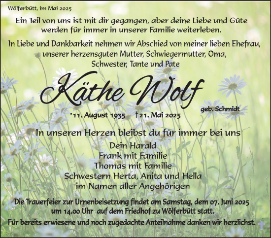 Traueranzeige von Käthe Wolf von Südthüringer Presse