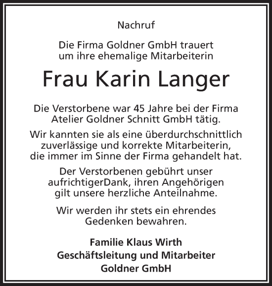 Traueranzeige von Karin Langer von Frankenpost
