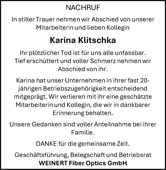 Traueranzeige von Karina Klitschka von Südthüringer Presse